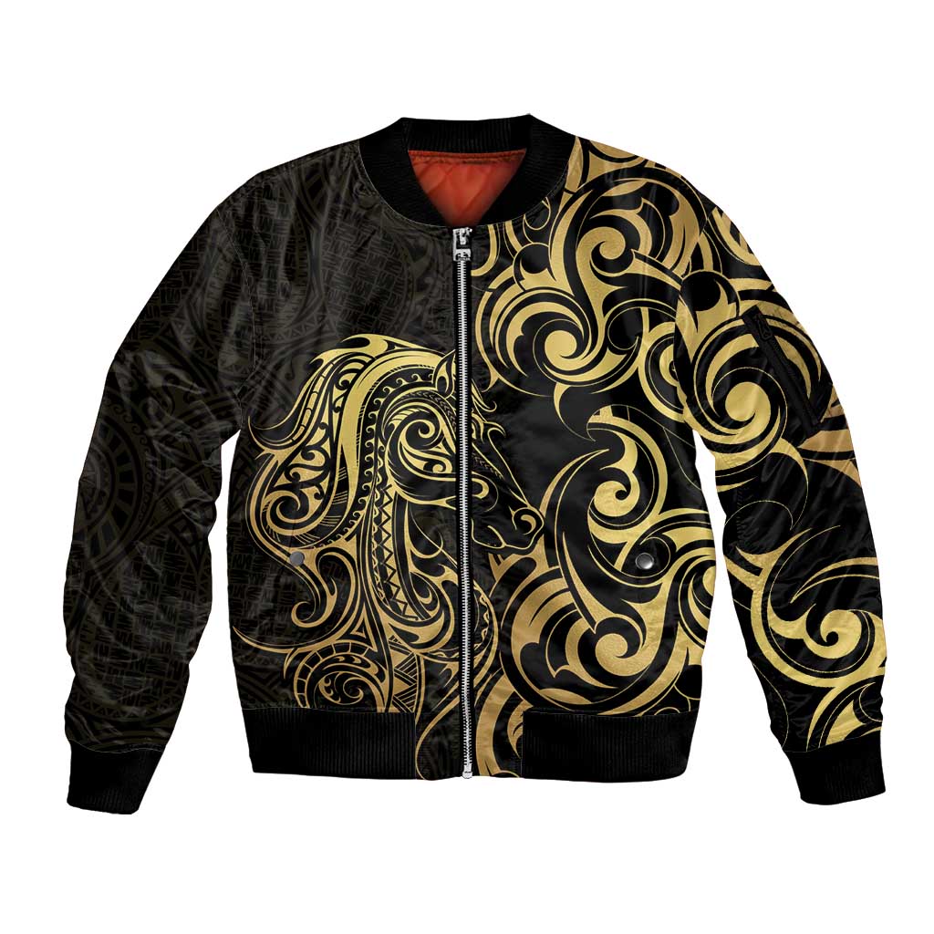 Gold And Black Aoteara Horse Racing Sleeve Zip Bomber Jacket NZ Maori Pattern