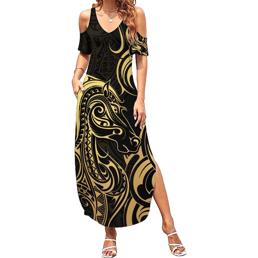 Gold And Black Aoteara Horse Racing Summer Maxi Dress NZ Maori Pattern