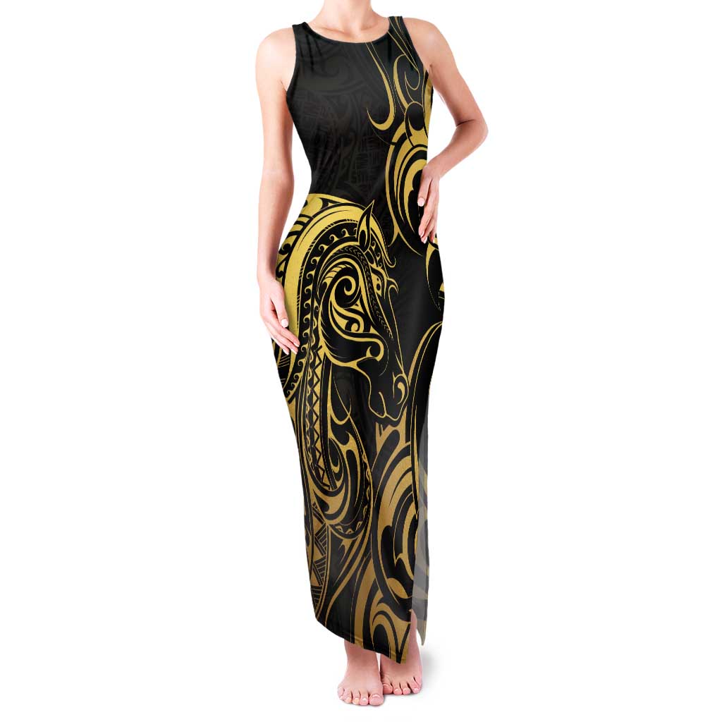 Gold And Black Aoteara Horse Racing Tank Maxi Dress NZ Maori Pattern