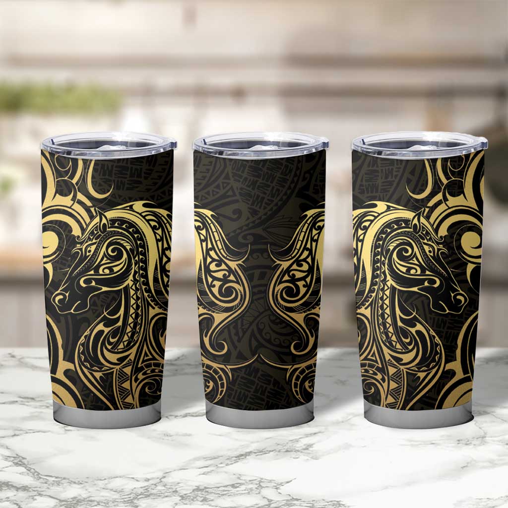 Gold And Black Aoteara Horse Racing Tumbler Cup NZ Maori Pattern