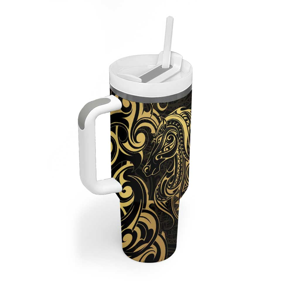 Gold And Black Aoteara Horse Racing Tumbler With Handle NZ Maori Pattern