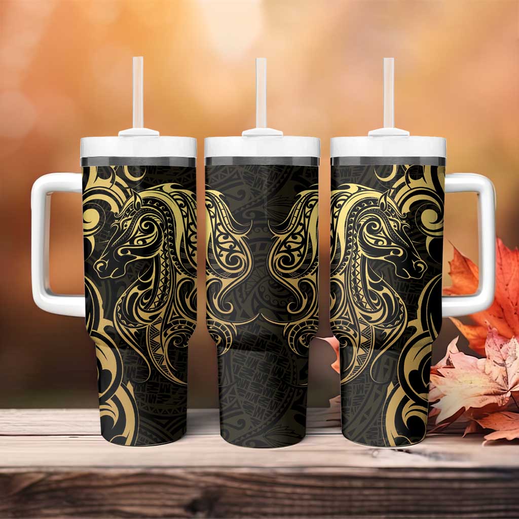 Gold And Black Aoteara Horse Racing Tumbler With Handle NZ Maori Pattern