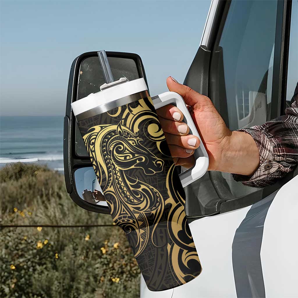Gold And Black Aoteara Horse Racing Tumbler With Handle NZ Maori Pattern