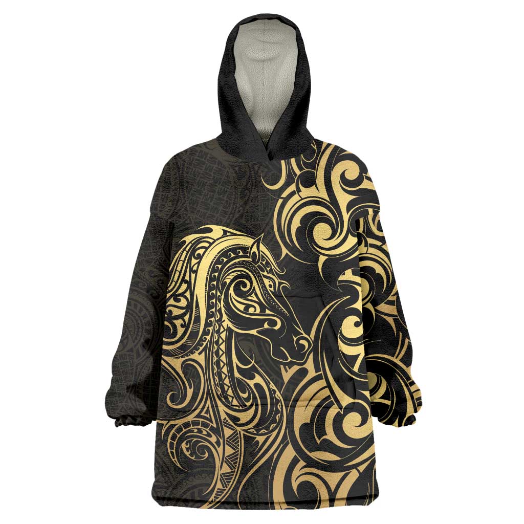 Gold And Black Aoteara Horse Racing Wearable Blanket Hoodie NZ Maori Pattern