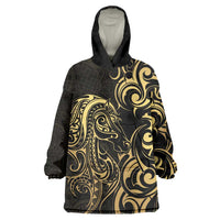 Gold And Black Aoteara Horse Racing Wearable Blanket Hoodie NZ Maori Pattern