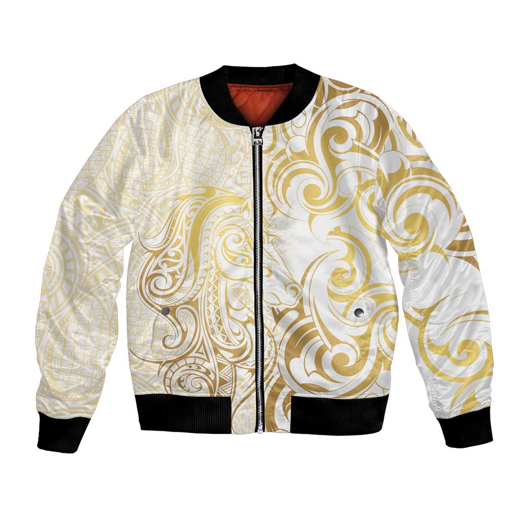 Gold And White Aoteara Horse Racing Bomber Jacket NZ Maori Pattern