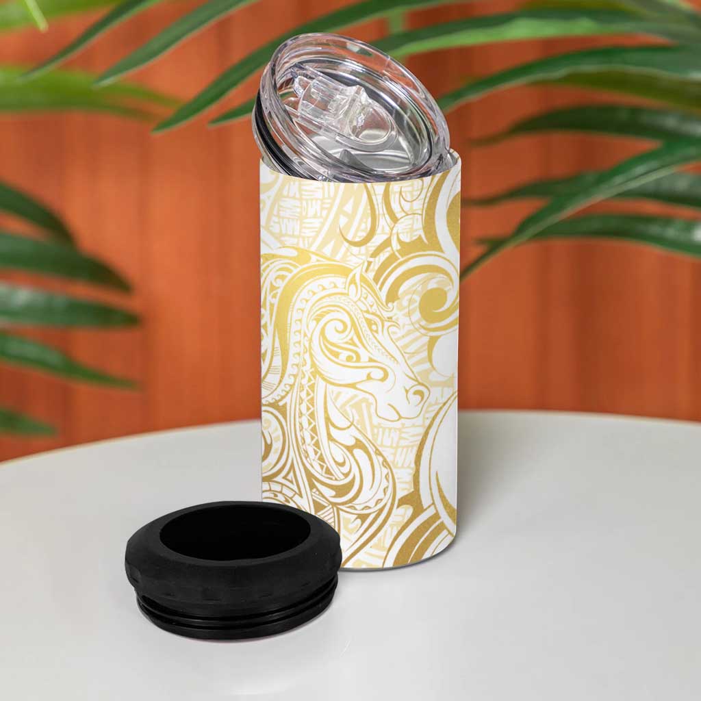 Gold And White Aoteara Horse Racing 4 in 1 Can Cooler Tumbler NZ Maori Pattern