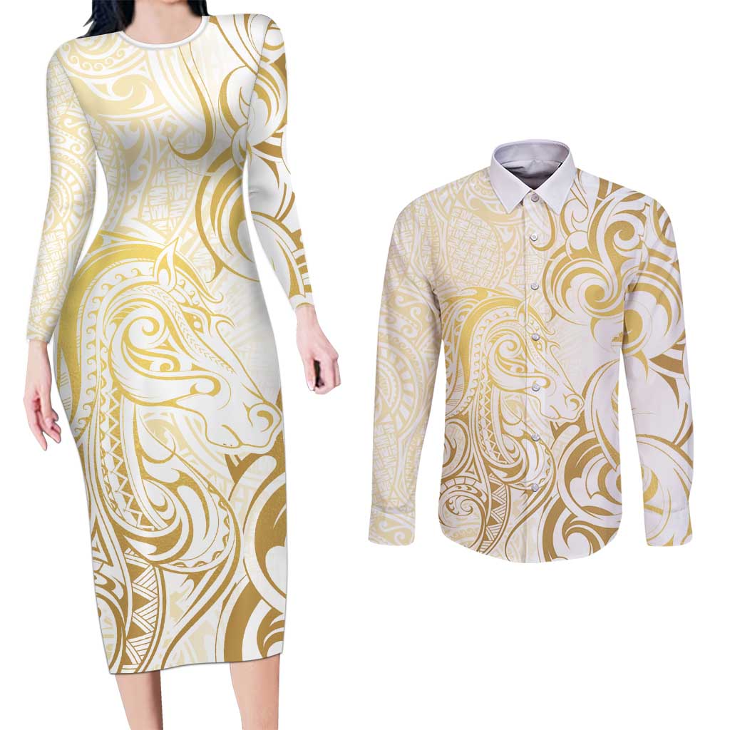 Gold And White Aoteara Horse Racing Couples Matching Long Sleeve Bodycon Dress and Long Sleeve Button Shirt NZ Maori Pattern