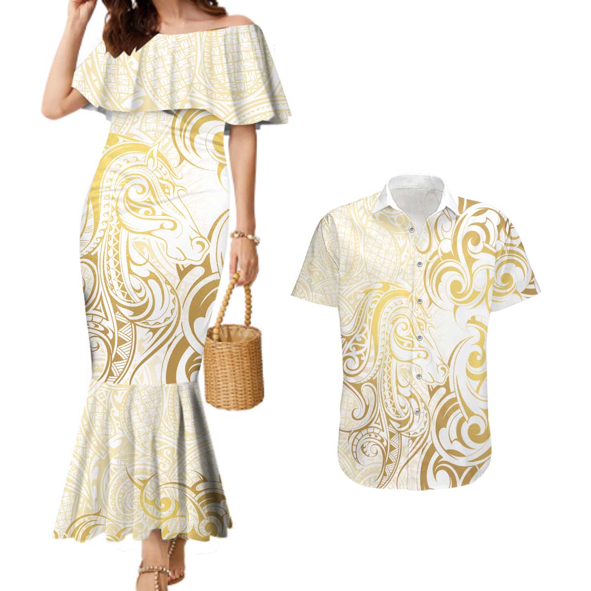 Gold And White Aoteara Horse Racing Couples Matching Mermaid Dress and Hawaiian Shirt NZ Maori Pattern