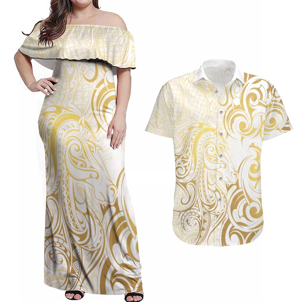 Gold And White Aoteara Horse Racing Couples Matching Off Shoulder Maxi Dress and Hawaiian Shirt NZ Maori Pattern