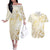 Gold And White Aoteara Horse Racing Couples Matching Off The Shoulder Long Sleeve Dress and Hawaiian Shirt NZ Maori Pattern