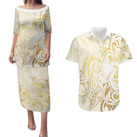 Gold And White Aoteara Horse Racing Couples Matching Puletasi and Hawaiian Shirt NZ Maori Pattern