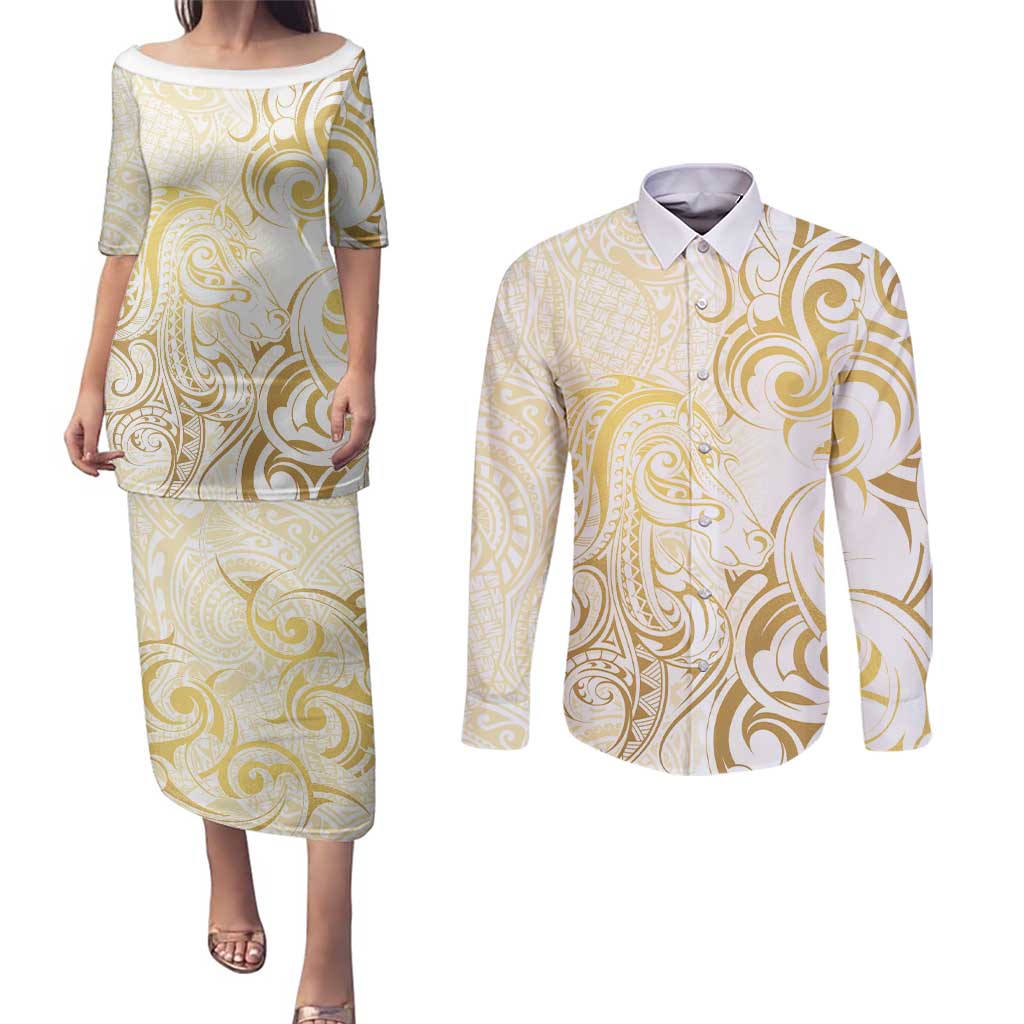 Gold And White Aoteara Horse Racing Couples Matching Puletasi and Long Sleeve Button Shirt NZ Maori Pattern