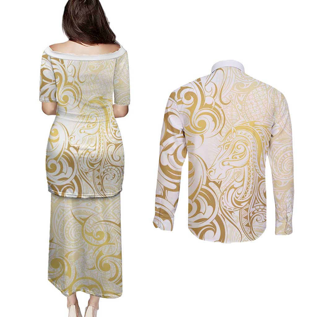 Gold And White Aoteara Horse Racing Couples Matching Puletasi and Long Sleeve Button Shirt NZ Maori Pattern