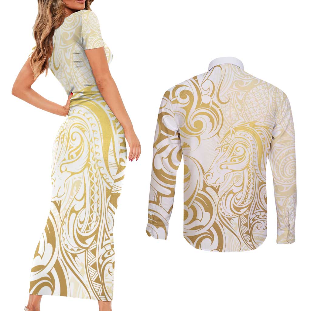 Gold And White Aoteara Horse Racing Couples Matching Short Sleeve Bodycon Dress and Long Sleeve Button Shirt NZ Maori Pattern