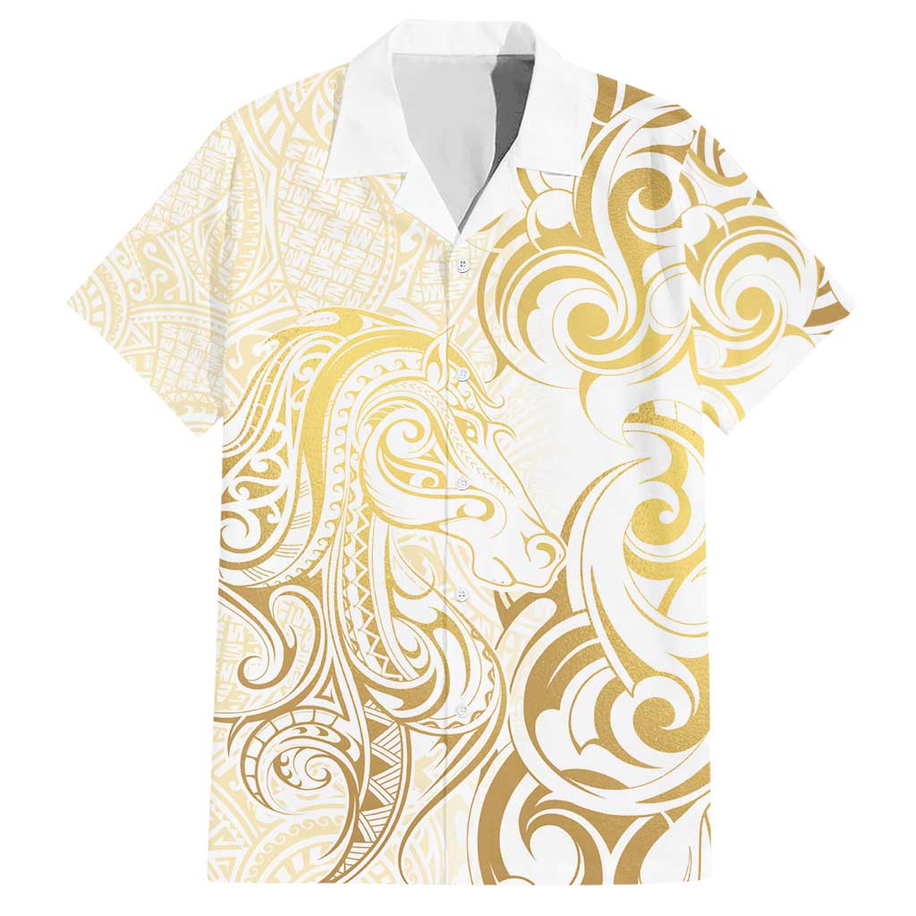 Gold And White Aoteara Horse Racing Hawaiian Shirt NZ Maori Pattern