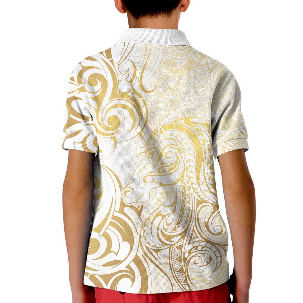 Gold And White Aoteara Horse Racing Kid Polo Shirt NZ Maori Pattern
