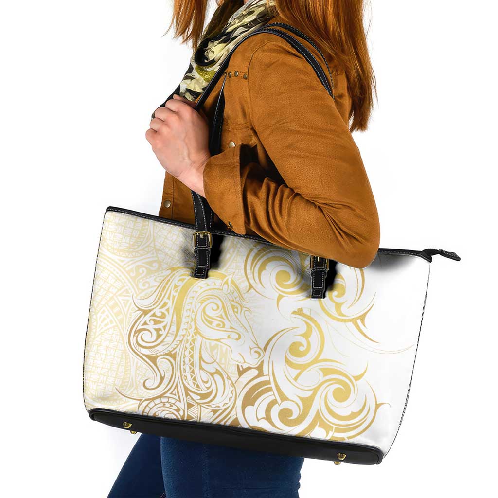 Gold And White Aoteara Horse Racing Leather Tote Bag NZ Maori Pattern