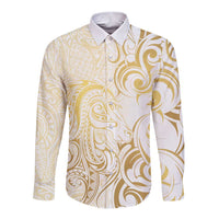 Gold And White Aoteara Horse Racing Long Sleeve Button Shirt NZ Maori Pattern