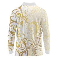 Gold And White Aoteara Horse Racing Long Sleeve Polo Shirt NZ Maori Pattern