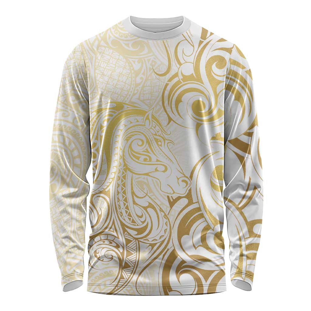 Gold And White Aoteara Horse Racing Long Sleeve Shirt NZ Maori Pattern