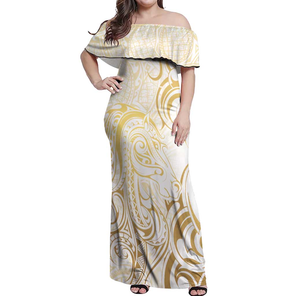 Gold And White Aoteara Horse Racing Off Shoulder Maxi Dress NZ Maori Pattern