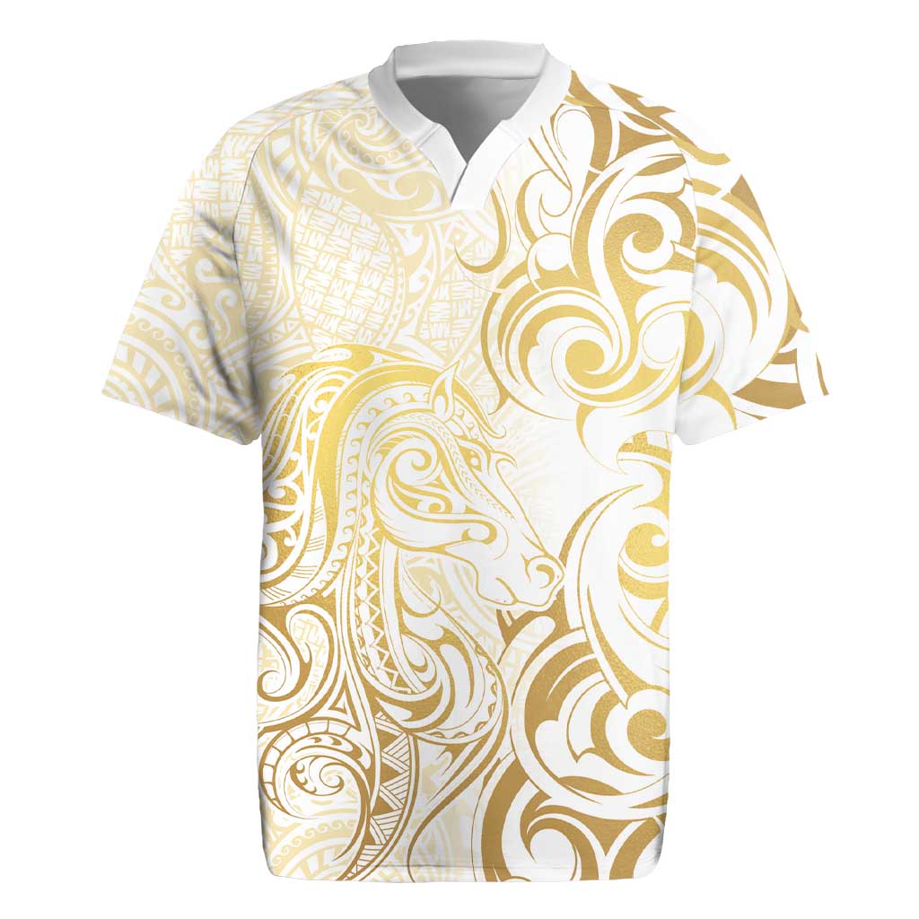 Gold And White Aoteara Horse Racing Rugby Jersey NZ Maori Pattern