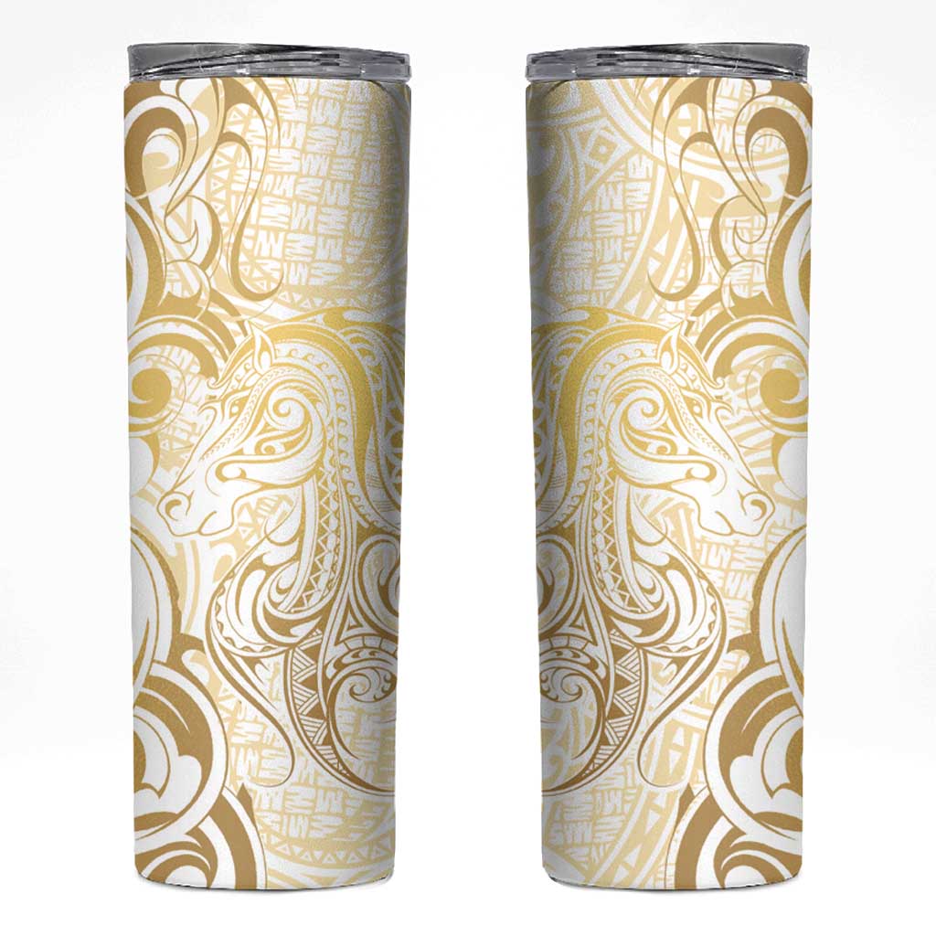 Gold And White Aoteara Horse Racing Skinny Tumbler NZ Maori Pattern