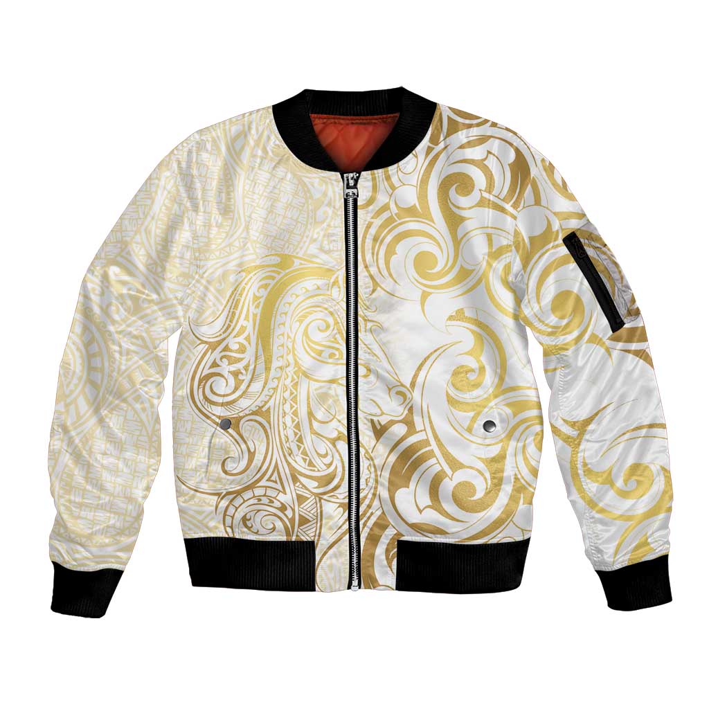 Gold And White Aoteara Horse Racing Sleeve Zip Bomber Jacket NZ Maori Pattern