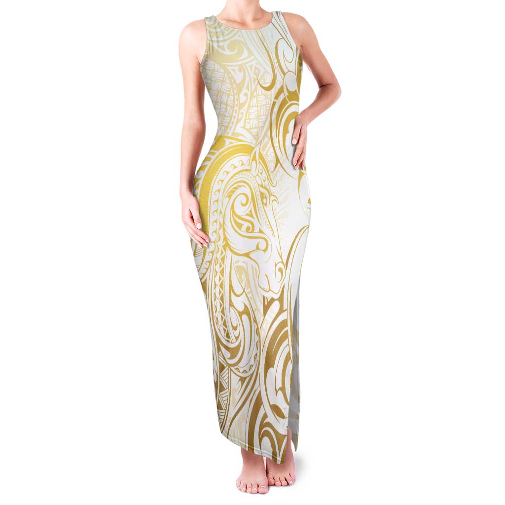 Gold And White Aoteara Horse Racing Tank Maxi Dress NZ Maori Pattern