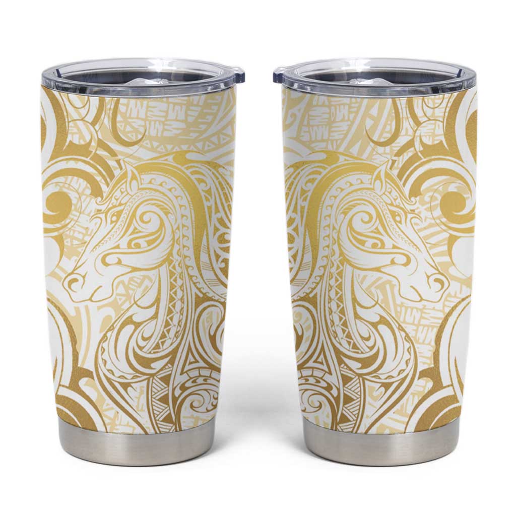 Gold And White Aoteara Horse Racing Tumbler Cup NZ Maori Pattern