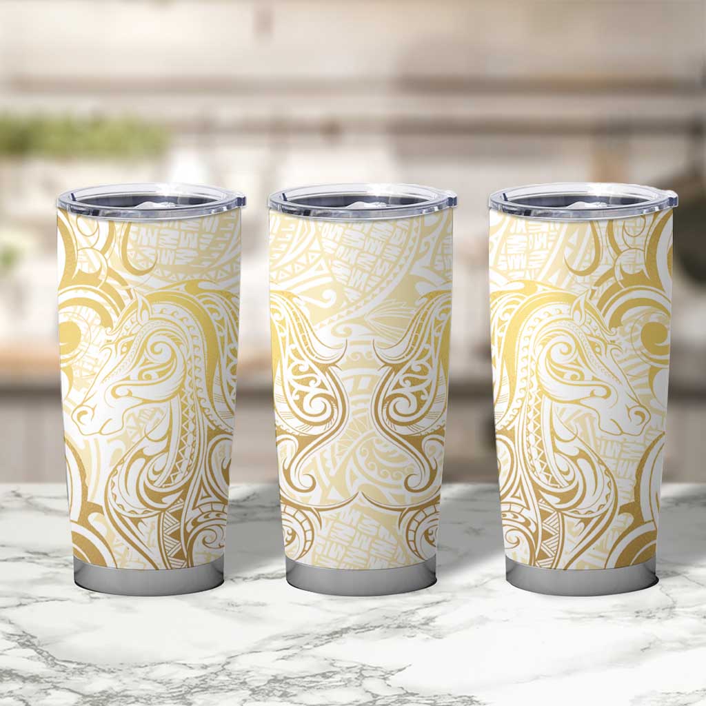 Gold And White Aoteara Horse Racing Tumbler Cup NZ Maori Pattern