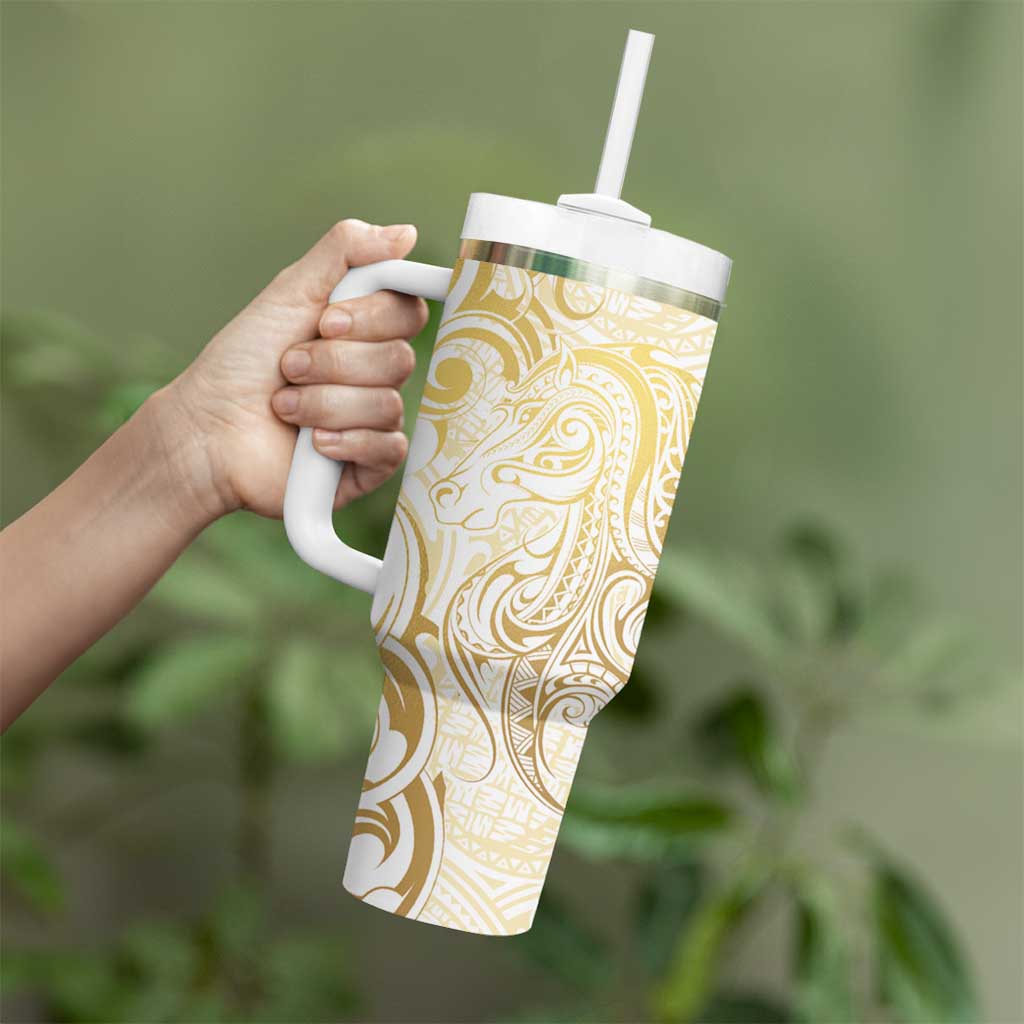 Gold And White Aoteara Horse Racing Tumbler With Handle NZ Maori Pattern