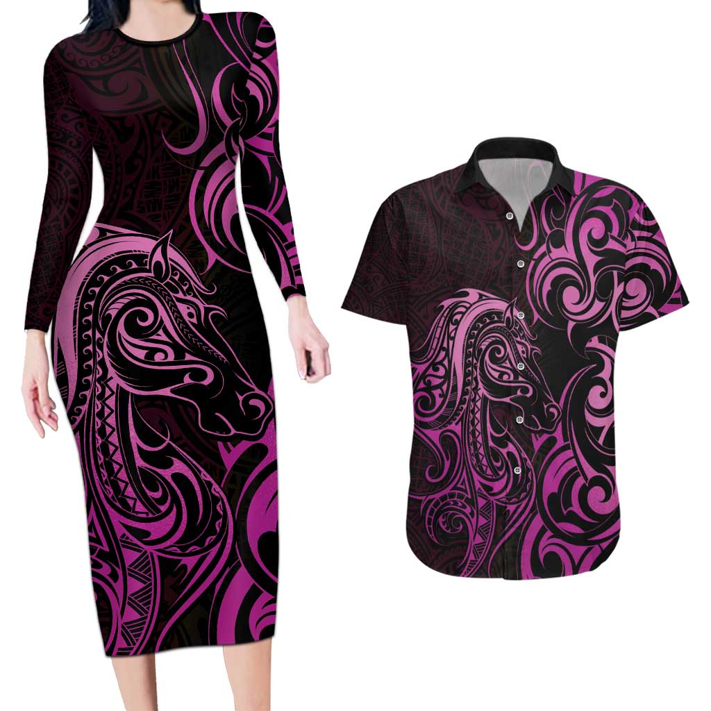 Pink Aoteara Horse Racing Couples Matching Long Sleeve Bodycon Dress and Hawaiian Shirt NZ Maori Pattern