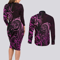 Pink Aoteara Horse Racing Couples Matching Long Sleeve Bodycon Dress and Long Sleeve Button Shirt NZ Maori Pattern