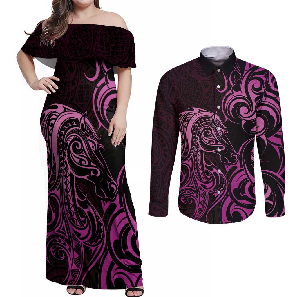 Pink Aoteara Horse Racing Couples Matching Off Shoulder Maxi Dress and Long Sleeve Button Shirt NZ Maori Pattern