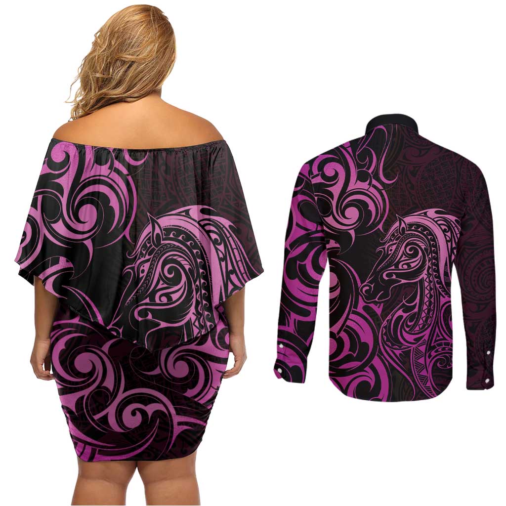 Pink Aoteara Horse Racing Couples Matching Off Shoulder Short Dress and Long Sleeve Button Shirt NZ Maori Pattern