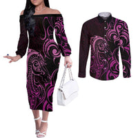 Pink Aoteara Horse Racing Couples Matching Off The Shoulder Long Sleeve Dress and Long Sleeve Button Shirt NZ Maori Pattern
