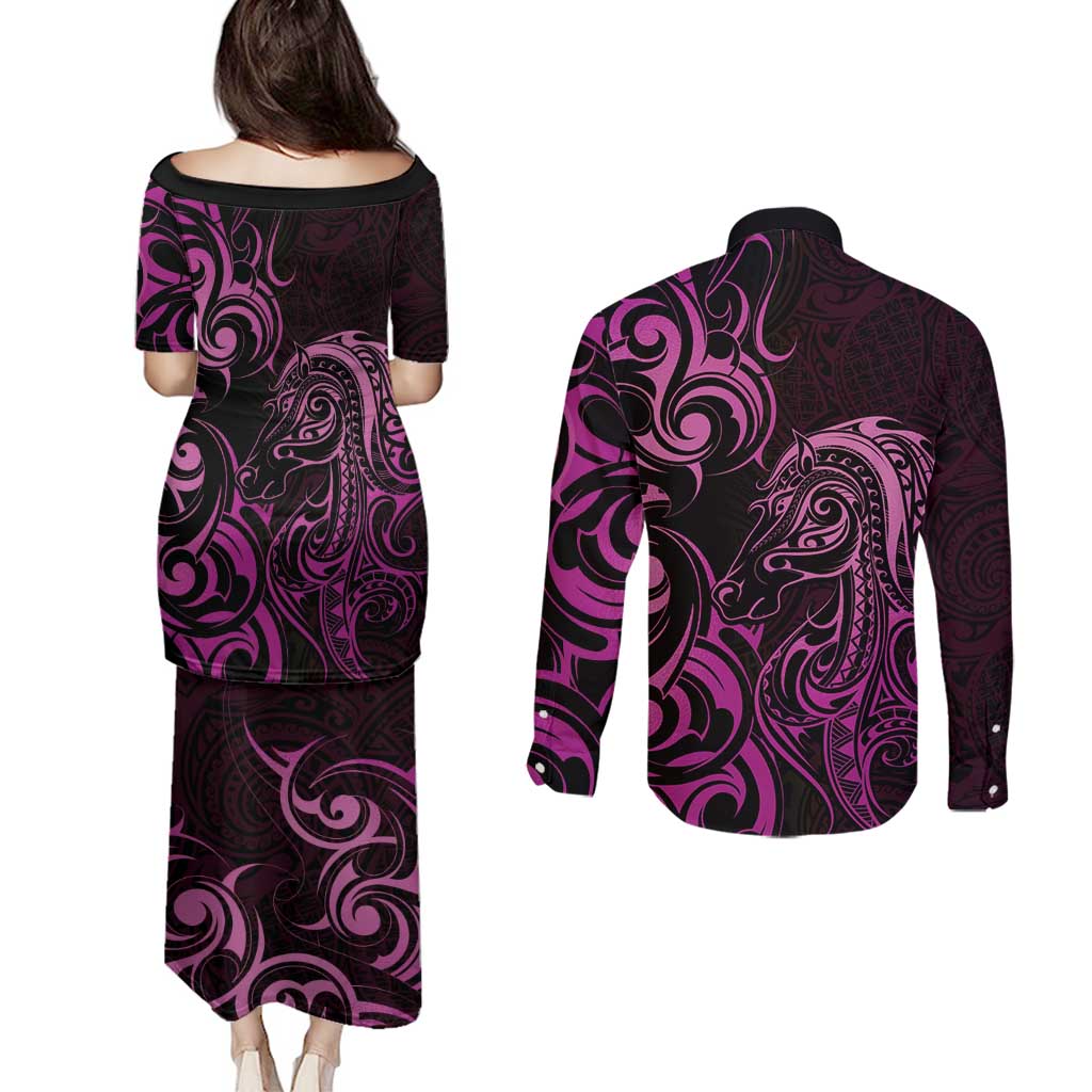 Pink Aoteara Horse Racing Couples Matching Puletasi and Long Sleeve Button Shirt NZ Maori Pattern