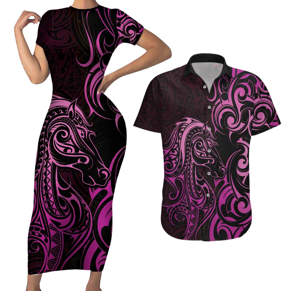 Pink Aoteara Horse Racing Couples Matching Short Sleeve Bodycon Dress and Hawaiian Shirt NZ Maori Pattern