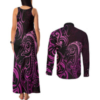 Pink Aoteara Horse Racing Couples Matching Tank Maxi Dress and Long Sleeve Button Shirt NZ Maori Pattern