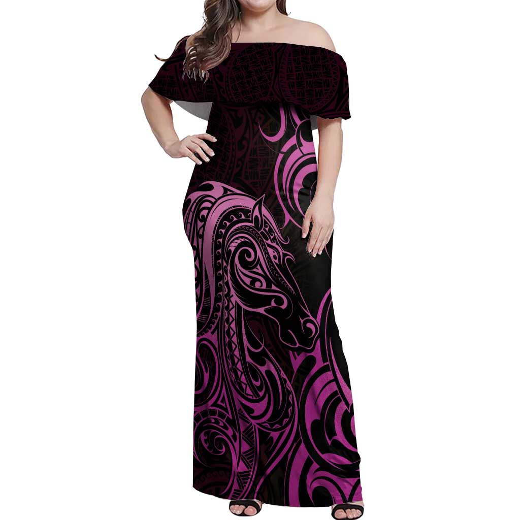 Pink Aoteara Horse Racing Off Shoulder Maxi Dress NZ Maori Pattern