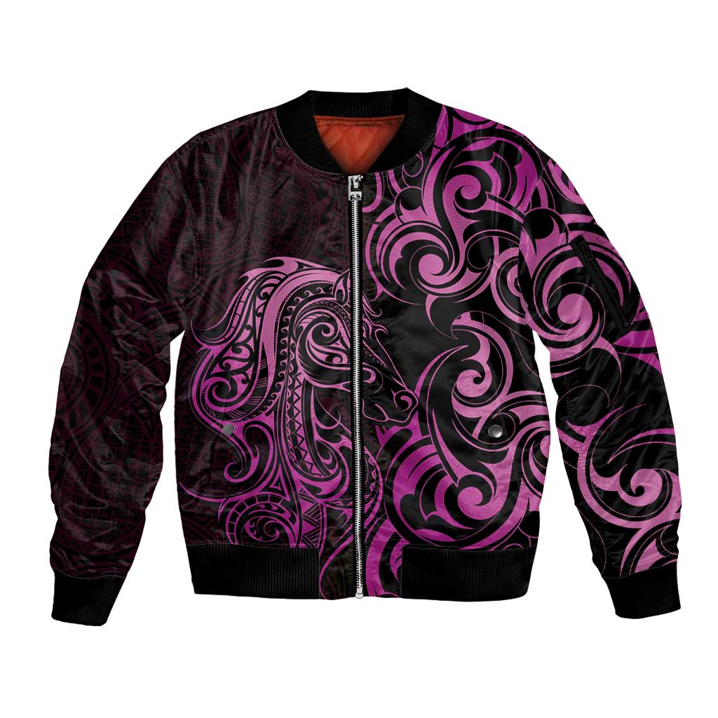 Pink Aoteara Horse Racing Sleeve Zip Bomber Jacket NZ Maori Pattern