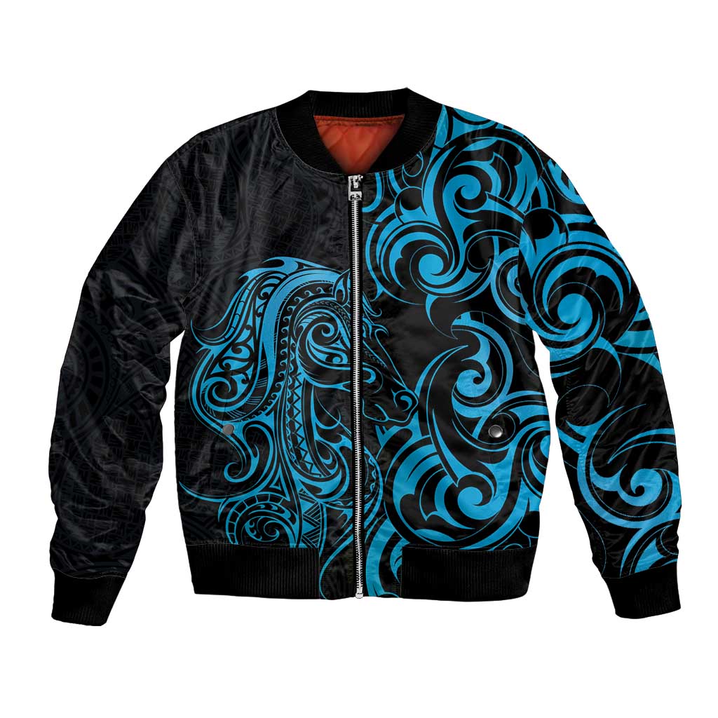 Blue Aoteara Horse Racing Bomber Jacket NZ Maori Pattern