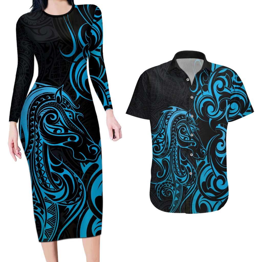 Blue Aoteara Horse Racing Couples Matching Long Sleeve Bodycon Dress and Hawaiian Shirt NZ Maori Pattern