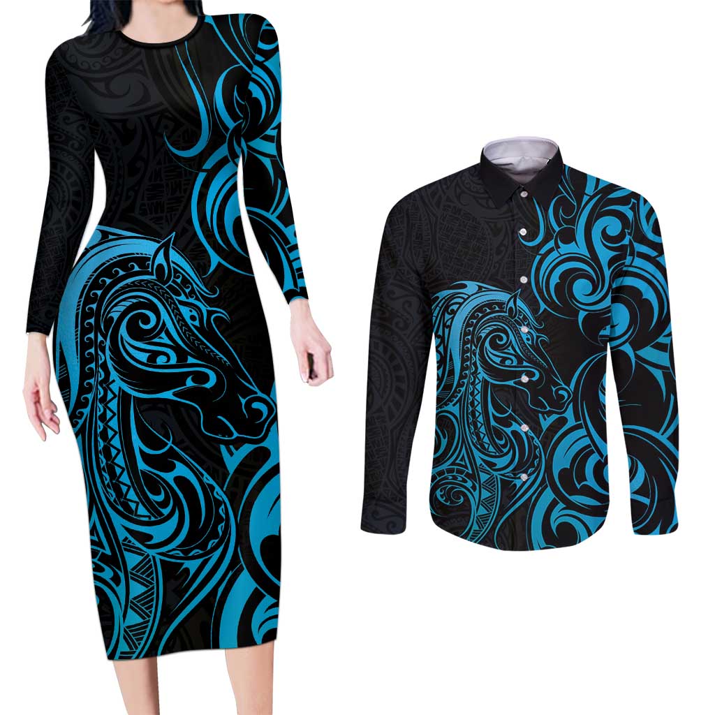 Blue Aoteara Horse Racing Couples Matching Long Sleeve Bodycon Dress and Long Sleeve Button Shirt NZ Maori Pattern
