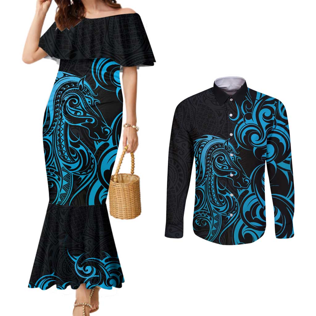 Blue Aoteara Horse Racing Couples Matching Mermaid Dress and Long Sleeve Button Shirt NZ Maori Pattern