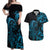 Blue Aoteara Horse Racing Couples Matching Off Shoulder Maxi Dress and Hawaiian Shirt NZ Maori Pattern