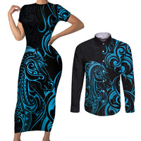 Blue Aoteara Horse Racing Couples Matching Short Sleeve Bodycon Dress and Long Sleeve Button Shirt NZ Maori Pattern