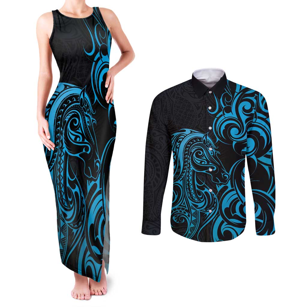 Blue Aoteara Horse Racing Couples Matching Tank Maxi Dress and Long Sleeve Button Shirt NZ Maori Pattern